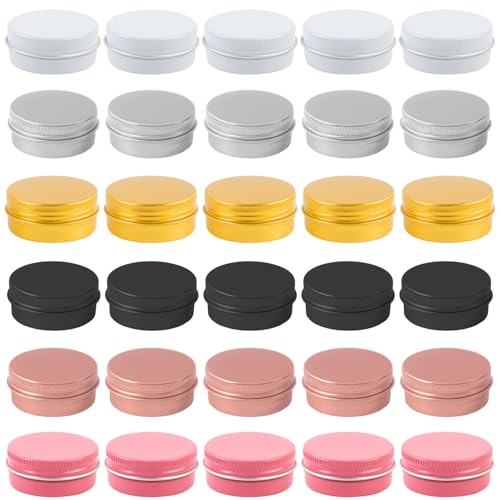 ASUNFO 30 latas de aluminio de 0.5 onzas redondas vacías para bálsamo labial con tapa de rosca, 6 colores