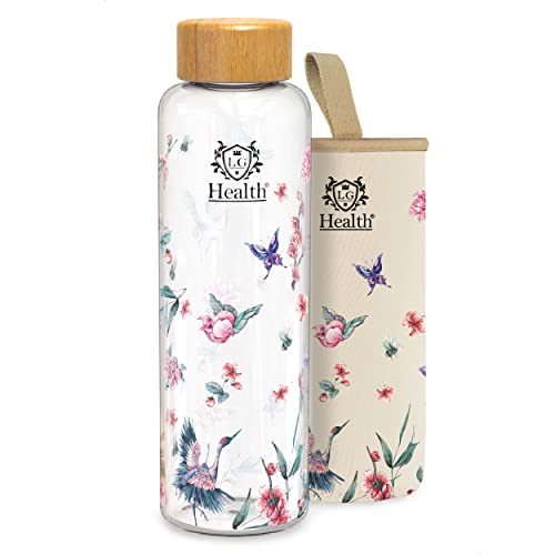 LG Luxury & Grace Glasflasche 550 ml. Wiederverwendbare Trinkflasche aus Glas mit Bambusstopfen. Wasserflasche mit Neoprenhülse. Leichtes und BPA-freies Design Cover