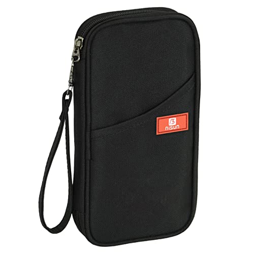 NISUN Nylon Passport Holder Wallet for Men – Travel Document Organizer, Family Card Holder with Detachable Hand Strap (Black, 23 x 12 x 3 cm)