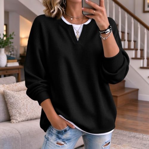 Waffle Tops for Women Faux Layered V Neck Henley Long Sleeve Women - image 2