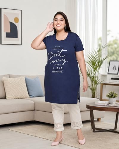 Image of In Love Women's Printed Cotton Plus Size Longline T-Shirt with Pockets | Cotton fabric - soft longline T-shirt with easy plus-size fit