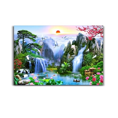 Fairyland Mountain Lake Waterfall Swan Fish Flower Dreamy Landscape Poster