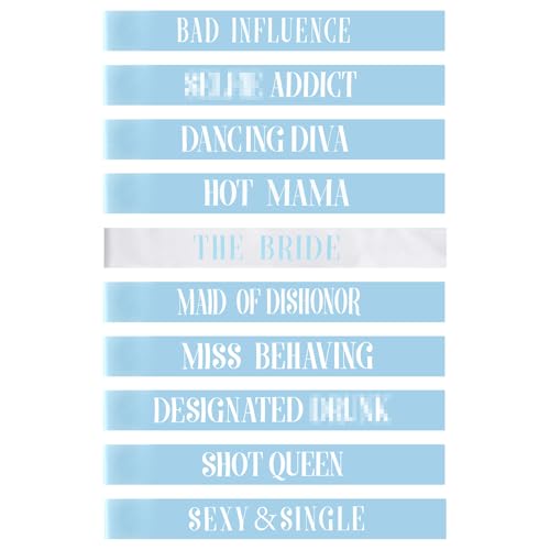 LEIFIDE 10 Pack Bride and Bridesmaid Sash Set Wedding Bachelorette Funny Team Gifts Sash Decorations for Woman Bride Bridesmaid of Honor Party Supplies (Blue White)