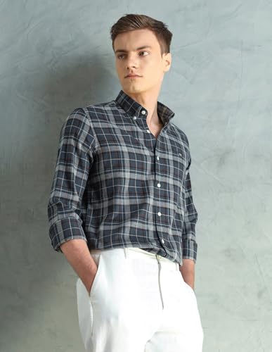 Image of Arrow Sport Men Slim fit Cotton Checked Long Sleeves Spread Collar Shirt