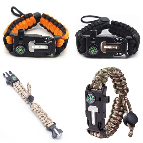Paracord Survival Bracelet-Length Adjustable,Loud Whistle Emergency Compass Survival Fire Starter Scraper Accessories for Hiking and Camping and Hunting 4-Pack(Muti-Color)