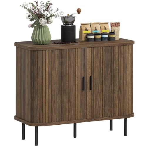 HOMCOM 35.4' Sideboard Buffet Cabinet with Storage, Nordic Coffee Bar Cabinet with Slatted Tambour Doors and Metal Legs, Kitchen Credenza, Walnut