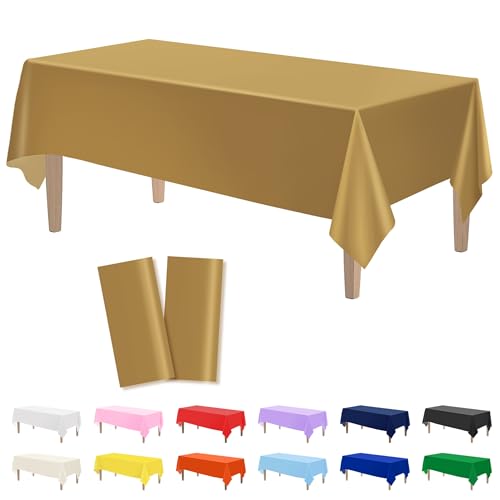 Image of Kopokita 2 Pack Gold Plastic Tablecloths Disposable 54 x 108 Inch