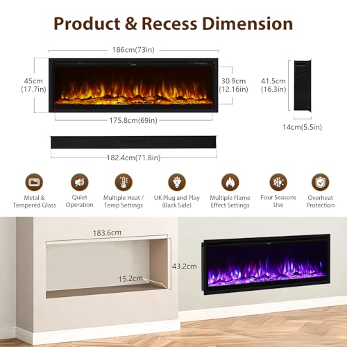 INMOZATA Electric Fire 73inch/186cm Wall Mounted/Recessed/Freestanding Electric Fireplace with Remote Control, 12 Colour Flame Effect Media Wall Fireplace, Crystal & Log Set, 900W&1800W(73"/185cm)