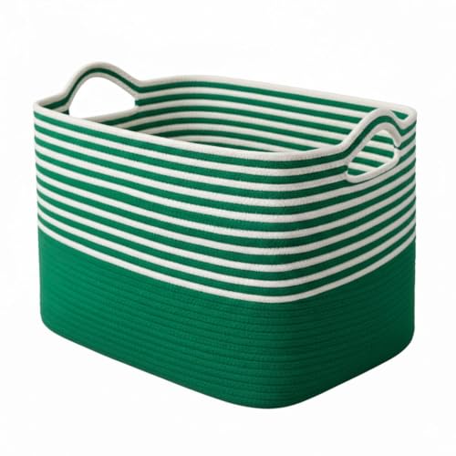 Image of Large Storage Basket, Woven Blanket Basket, Toy Basket with Handle, Laundry Hamper for Living Room, Nursery, Bedroom- 20x15x12 (LXWXH) (green mix)