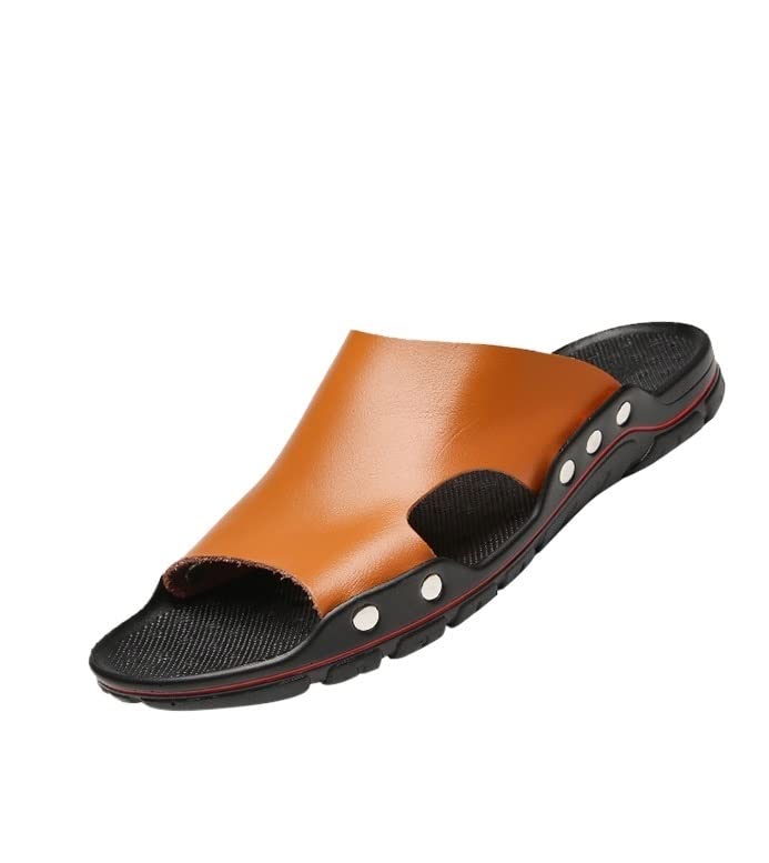 Mens Slide Sandals Open Toe Fixed Strap Outdoor Beach Leather Water Resistant Slide Sandal