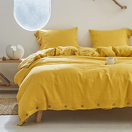 Simple&Opulence 100% Linen Duvet Cover Set 3pcs with Coconut Button Closure Natural French Washed Flax Solid Color Soft Breathable Farmhouse Bedding - Mustard Yellow, King Size