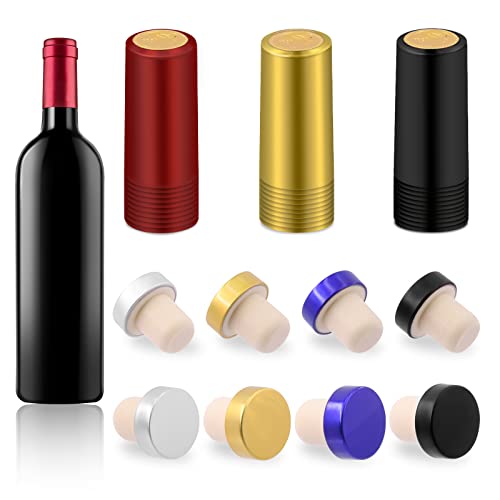 Glarks 54 tapones de botellas y kits de cápsulas termorresistentes de pvc, tapones de botellas en forma de t de 4 colores y kits de tapones de contracción sellados de botellas de 3 colores