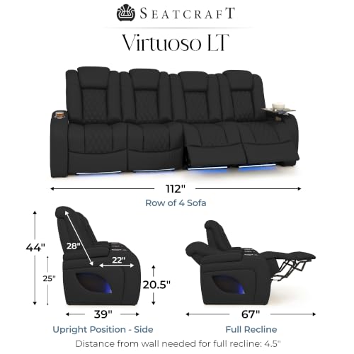 Image of Seatcraft Virtuoso LT Black Italian Leather Home Theater Seating, Zero Gravity Power Recliner, Powered Headrest and Lumbar Gaming and Home Office Chair, Heat and Massage Lounge Sofa, Row of 4 Sofa