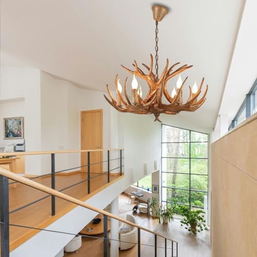 Plafond rétro 6 lumières et lustre résine bois de cerf style pastoral - 4