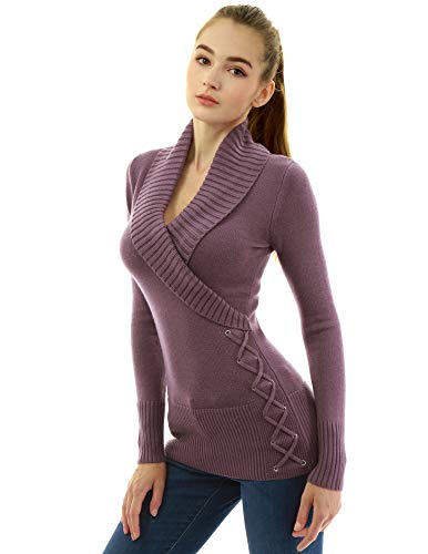 AmélieBoutik Women Slim Fit Sexy Casual Shawl Collar Faux Wrap Lace Up Long Sleeve Sweater2