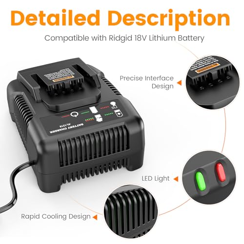 18V R86092 Fast Charger Lithium Battery Charger for RIDGID Tools 18V Battery R840083, R840085, R840086, R840087, AC840085, AC840086, AC840087P AC840089 etc.