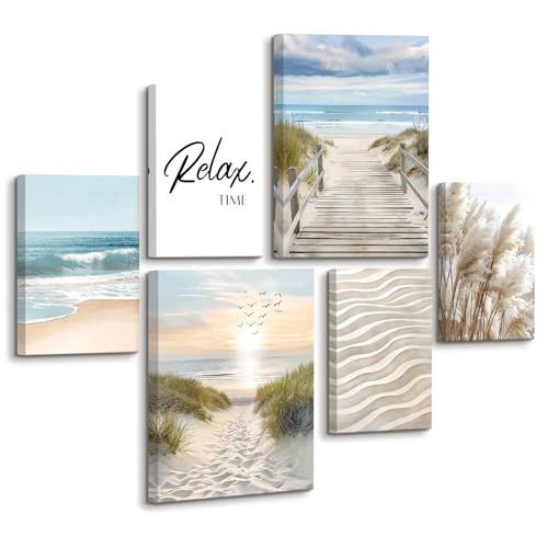 6Pcs Stampa su tela Con Cornice Paesaggio Costiero Marino Pittura Erba della Pampa Beige Quadri su tela Poster da parete Quadretti Quadri Moderni Soggiorno Camera da letto 30x40cmx2+20x30cm x4