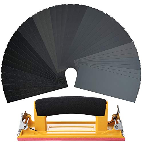 36 PCS Sandpaper with 1 Hand Sander, Premium Wet Dry Waterproof Sandpaper, 400 to 3000 Assorted Grit Sanding Paper for Wood Furniture Finishing, Metal Sanding and Automotive Polishing,9 x 3.6 Inches