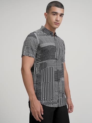 Image of Highlander Men's's Geometric Print Shirt | Half Sleeves | Bold & Sophisticated Design