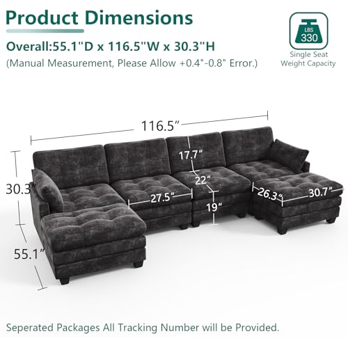 Image of Modular Sectional U Shaped Sofas Couches for Living Room, Tufted Cloud Couch with 2 Movable Ottomans, Comfy Chenille Deep Seat Sofa with Soft Pillows for Bedroom and Apartment, Black