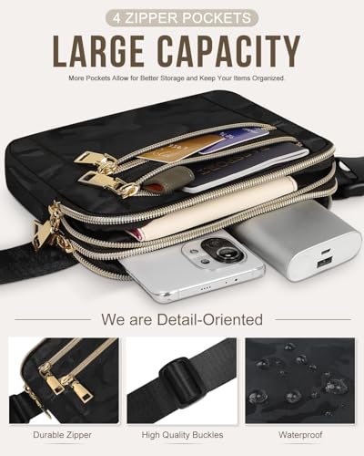 Image of Fanny Packs for Women 4 Zip Pocket Crossbody Belt Bag Waist Bags | Waterproof, Fashion Waist Pack, Crossbody Bags for Women, with Adjustable Strap, for Workout,Running,Traveling(Black Camo,L)
