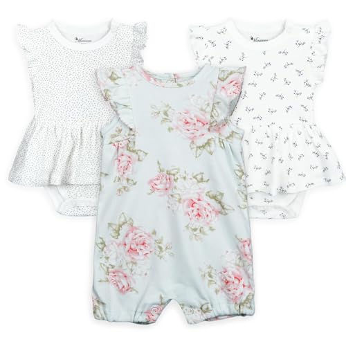 Image of Minicoco 3-pack 100% Cotton Baby Girl Rompers, 0-24 months Ruffle Sleeve Toddler Romper Summer Clothes Set