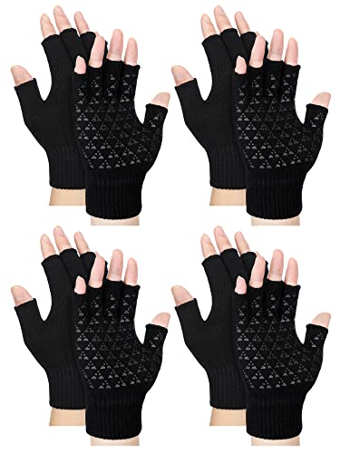 Geyoga 4 Pairs Winter Fingerless Gloves Knitted Half Finger Mittens Stretchy Non-Slip Warm Gloves for Men and Women(Black)