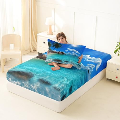 Image of jejeloiu Ocean Beach Bed Sheets Sets Twin Size Kids Boys Girls Blue Sky Sea Bedding Set Tropical Palm Trees Bed Sheet Set with 16-Inch Deep Pockets 3Pcs with 1 Pillow Cases