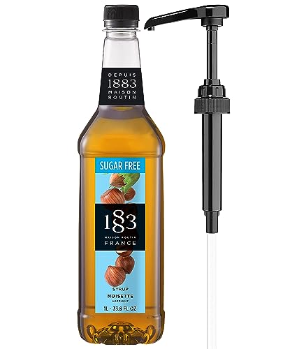 Image of 1883 Sugar Free Hazelnut Syrup for Coffee & Drinks with Pump - Zero Sugar French Flavoring Syrup for Lattes, Iced Coffee & Cocktails - 1L Plastic Bottle, Made in France