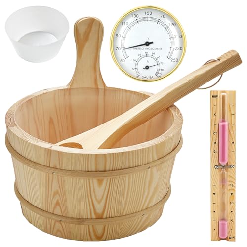 Sauna Eimer Set (4 Liter), Sauna Eimer mit Kelle, Saunakã Bel aus Holz mit Kelle Sanduhr, Thermo, Hygrometer, Hitzebeständiger Saunakã bel 4L Inkl Einsatz