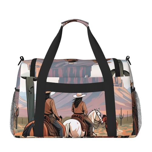 West Desert Cactus with Cowboys Riding Horses Print Travel Duffle Bag - Foldable Personal Item Travel Bag for Women & Men,13x10.2x19.72