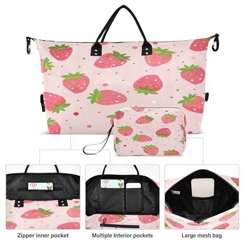 Pink Strawberry Cute Travel Duffel Bag, Shoulder Weekender Overnight Bags - Large Gym Bag with Wet Pocket2