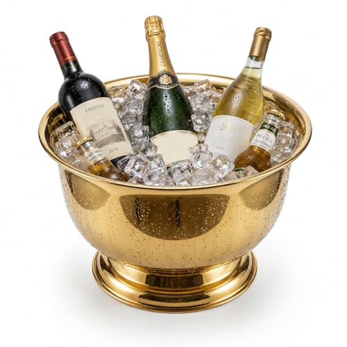 Gold Beverage Tub for Parties, 10L Stainless Steel Drink Cooler, Holds 8–10 Beer Bottles or 3–4 Wine Bottles with Ice, Metal Champagne Bucket for Bar Cart, Poolside, Outdoor Entertaining by Sipoyen - Used condition - US$85.00