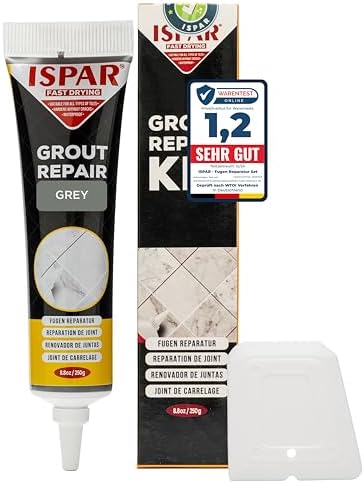 ISPAR Fugenmörtel Grau 250g - Fertige Fugenmasse für Fliesenfugen mit Spachtel - Fugenfarbe für Fugenreparatur im Bad & Küche – Geruchsneutral & Praktisch