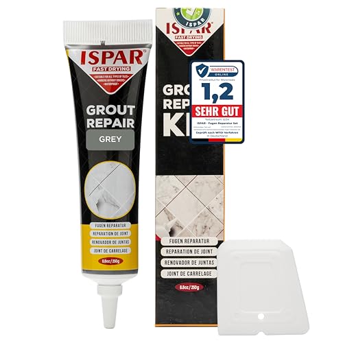ISPAR Reparación de Juntas (Gris, 250g) - Lechada Lista para Usar en Baños y Cocinas, Masilla Impermeable para Azulejos - Con Espátula