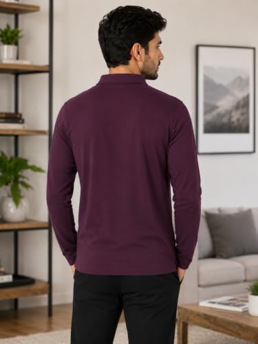 Image of CAMEY Men's Plain Solid Long Sleeve Polo T-Shirt | Regular Fit | Collared Casual Cotton Blend Tee with Chest Pocket | Everyday Comfort Wear