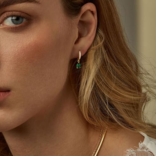TOBENY Dangle Earrings for Women Trendy 14K Gold Plated Hypoallergenic Drop Hoop Earrings Dainty Diamond Green Emerald Birthstone Huggie Earrings for Birthday Gifts2
