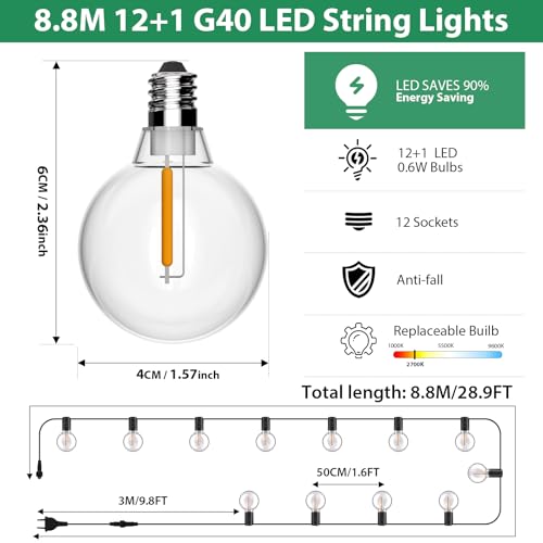 FIFlying Outdoor String Lights, 8.8M/28.9FT Outdoor Lights Mains Powered with 12+1 Shatterproof Bulbs, IP54 Waterproof Garden String Lights Festoon Lights for Garden Backyard Patio Wedding Party