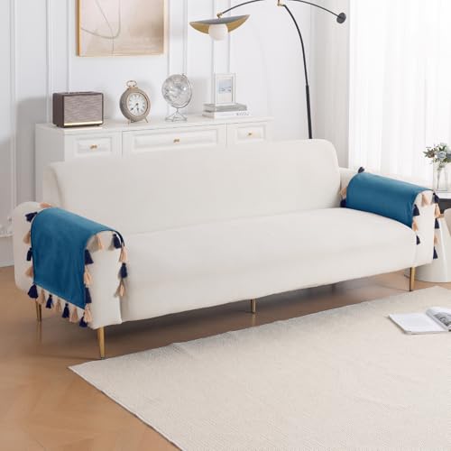 Image of HOKIPO Premium Holland Velvet Armrest Covers with Tassel for Sofa - 'TasselTone Series' (2 Pcs), Sea Blue (IN-1102-BL*2SM)