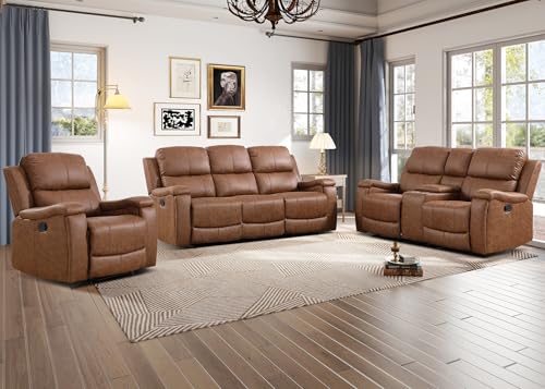 Image of CANMOV Faux Leather Manual Reclining Sofa Furniture Set, Manual Recliner Chair, Manual Loveseat and 3 Seat Recliner Sofa Couch Set for Living Room,Brown
