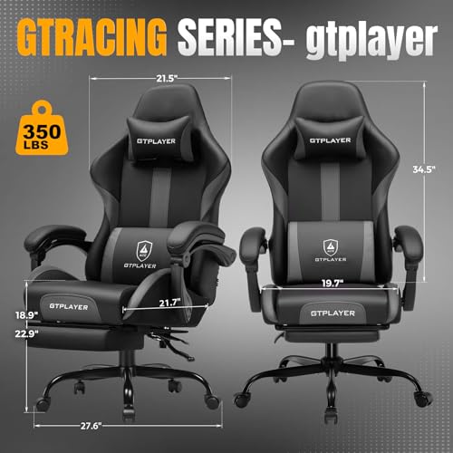 Image of GTPLAYER Gaming Chair with Foot Rest & Pocket Spring Cushion, Ergonomic High Back Computer Chair with Headrest & 360-Swivel Seat for Home Office Desk, PU Leather, Gray