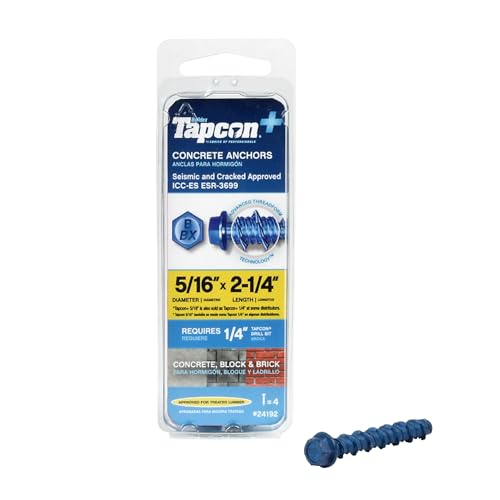 Tapcon+ 5/16 x 2-1/4 Inch Heavy-Duty Hex Head Concrete Anchors, 4 PCS, Corrosion Resistant Blue Climaseal™ Coating, Outdoor Rated Use, Concrete Block &amp; Masonry Brick Screws, Drill Bit Sold Separately