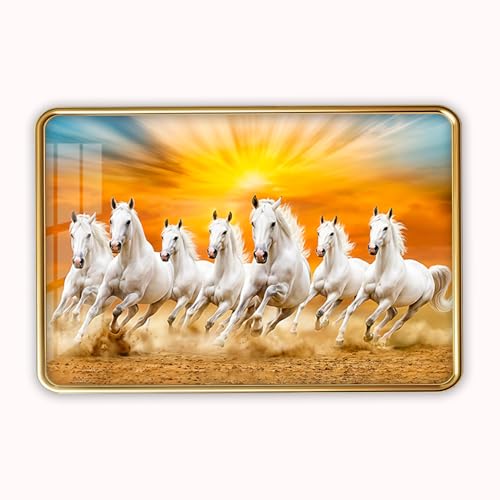 Image of Dharvika Innovations 7 Running Horses Photo Frame, Ultra High Gloss Lamination, Vastu Painting for Living Room, Office, 12x18 Inch (Design 18)
