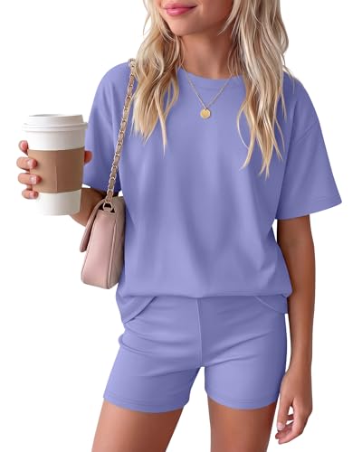 Image of Oakgarden Summer Outfits for Girls 5-14Y Athletic Casual Sets Kid Short Sleeve Shirt Bike Shorts 2 Piece Tween Trendy Clothes