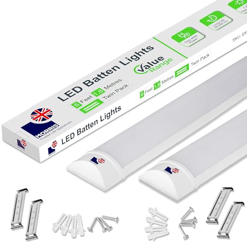 Morris LED Batten Light 6ft - 60W 7200LM IP20 Grade 2-Pack 6500K Daylight High-Efficiency Lighting for Indoor Barns Workshops Large Spaces - Value Range