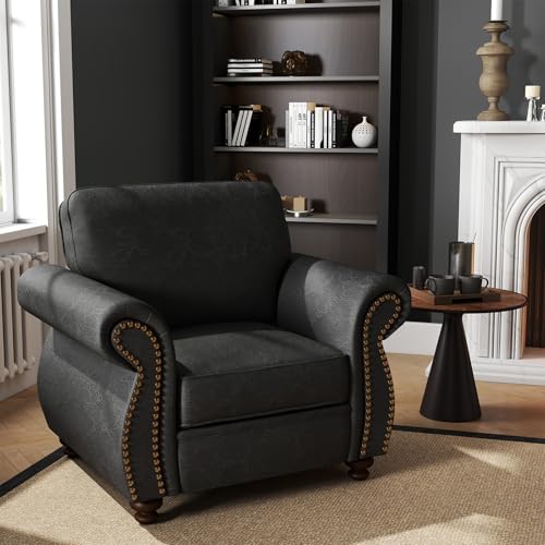 Image of Couchus Mid-Century Accent Chair with Nailhead Trim, Faux Leather Upholstered Armchair for Living Room, 42 inch Upholstered Sofa Chair for Bedroom (Grey, Single)