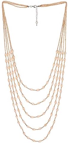 COOLSTEELANDBEYOND Champagne Gold Oval Beads Statement Necklace Multi-Strand Long Chains with Crystal Charm Pendant