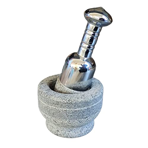 Image of EZAHK Mortar and Pestle Set with Stainless Steel Handle Bowl Type Natural Stone Grinder for Herbs and Spices Grey (Width 10cm x Height 7.5cm)