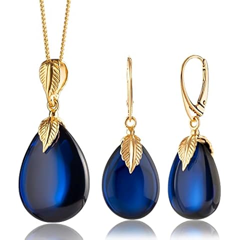 Amber by Mazukna - Blue Amber Earrings and Pendant Necklace Set, Gemstone Jewelry for Women, Semi Precious Stone, Gold Plated Silver ag925 Cover