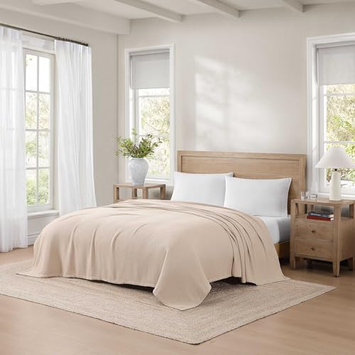 Image of Tommy Hilfiger - Queen Cotton Blanket, Textured Pique Weave Bedding, Medium Weight Soft Blanket, Anti-Pilling & Fade Resistant, Ideal for Layering, Oeko-TEX Certified (Beige)